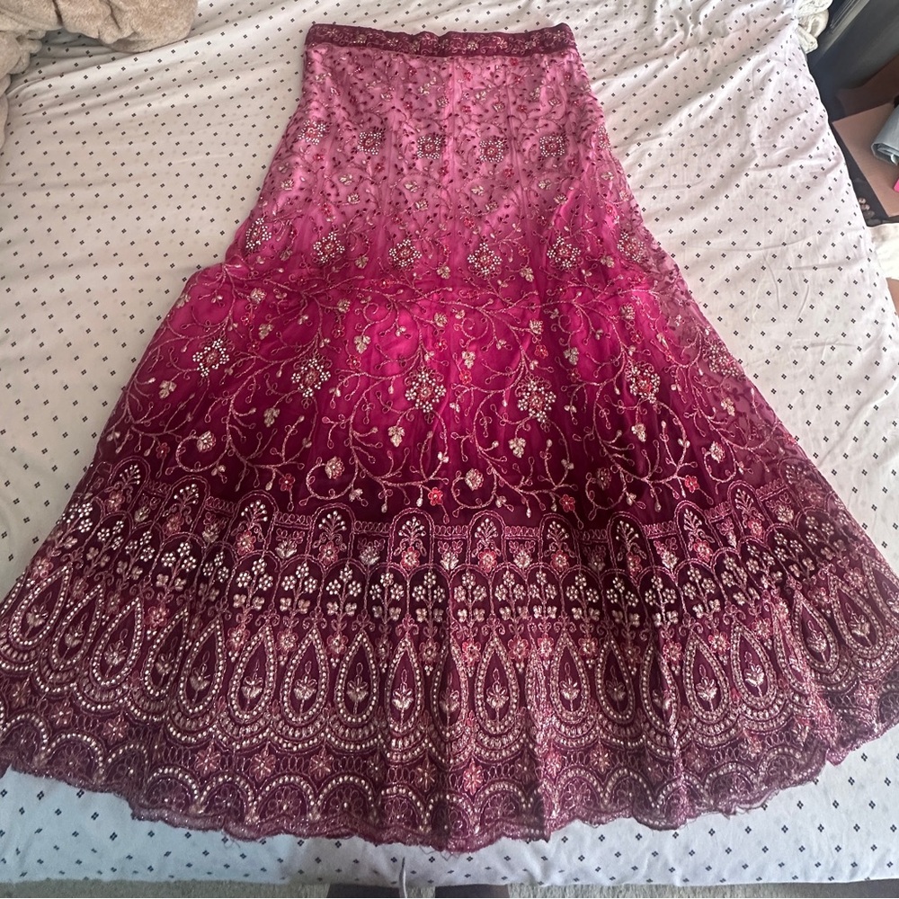 Nazranaa Unstitched Lehenga wedding attire Maroon/pink ombré Indian